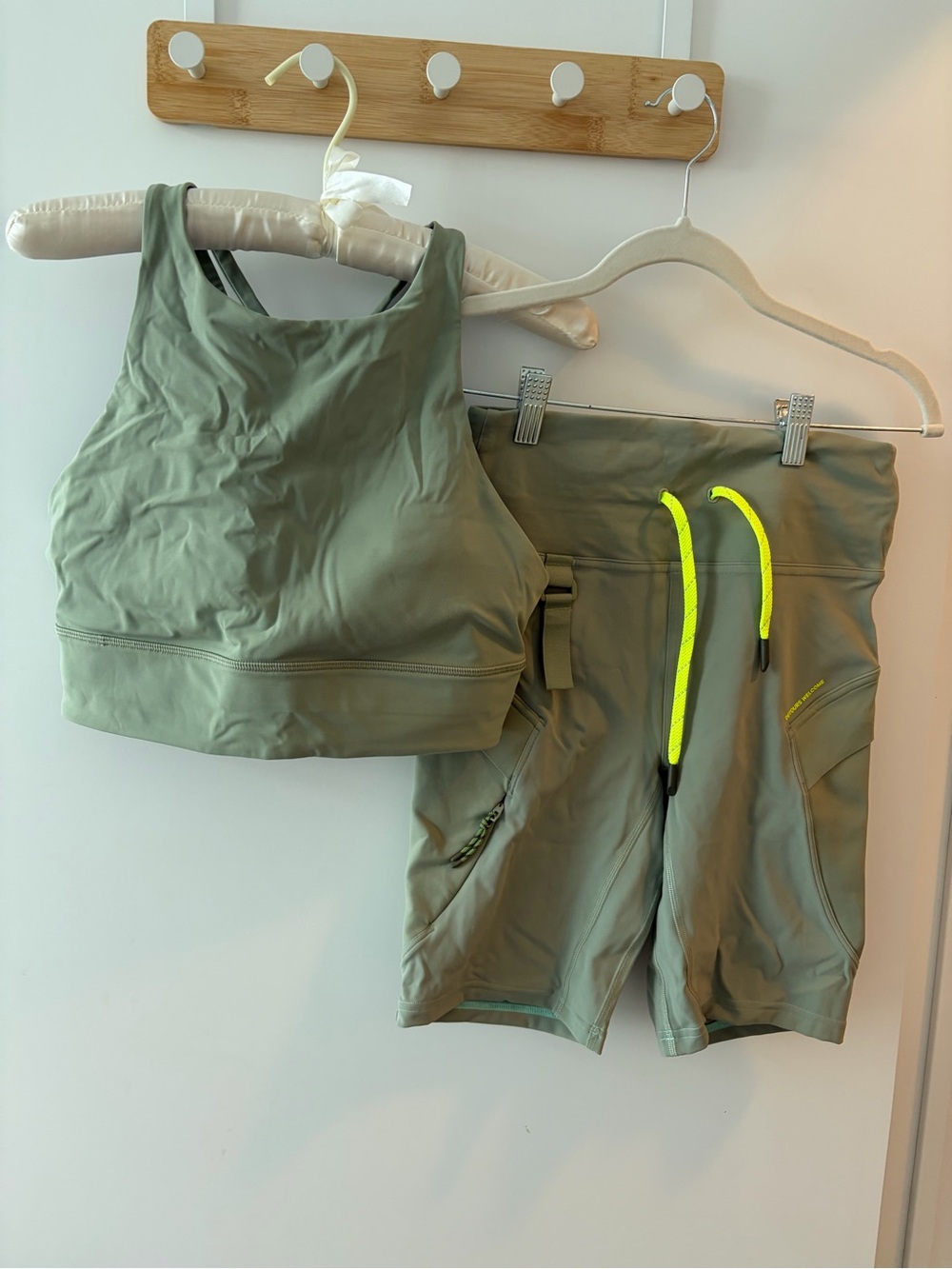 lululemon athletica Olive Green Athletic Shorts with Neon Yellow Drawcords